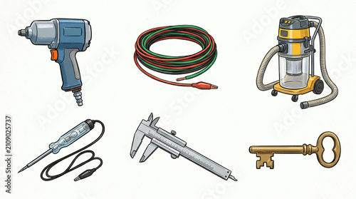 Assorted workshop tools illustration with impact wrench vacuum jumper cables test light caliper and skeleton key