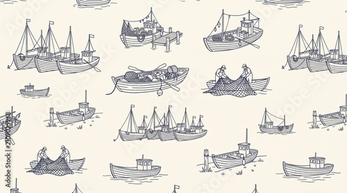 Seamless hand-drawn fishing boats and fishermen pattern