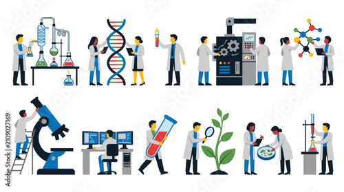 Fotografi Scientists conducting various experiments in laboratory vector illustration set on white background