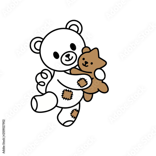 Two teddy bears, one white and one brown, hugging
