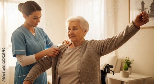 Senior man receiving physical therapy assistance from therapist