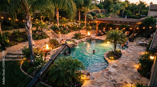 Professional film camera on a jib filming a luxury pool at night