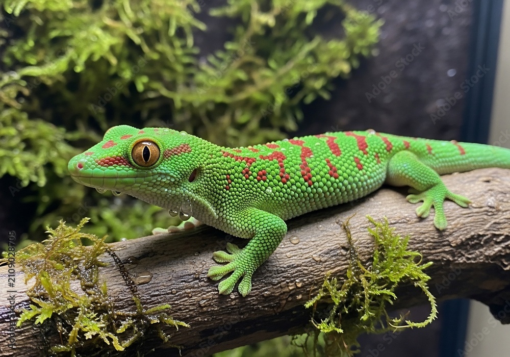 Fototapeta premium Verdant Vigil: Emerald Gecko, Mossy Perch, Amber Gaze