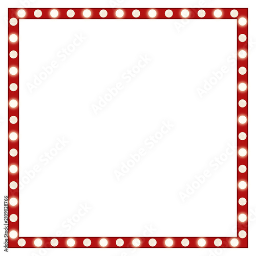 Retro red illuminated marquee square frame with glowing light bulbs