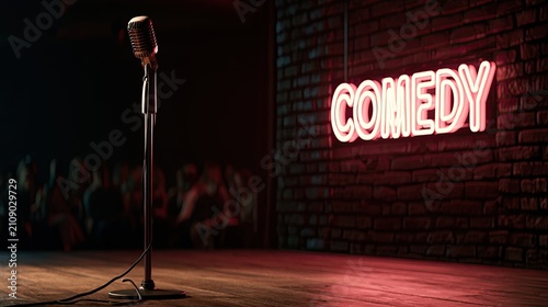 Comedy Club Stage with Neon Sign and Microphone.