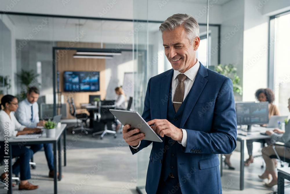 Fototapeta premium Confident mature businessman checking tablet in modern corporate office