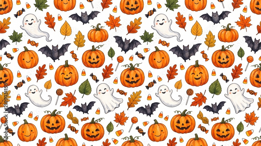 Fototapeta premium Halloween themed pattern with pumpkins, ghosts, bats, and autumn leaves on white background