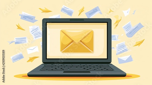 Laptop Displaying Golden Envelope Surrounded by Flying Papers.