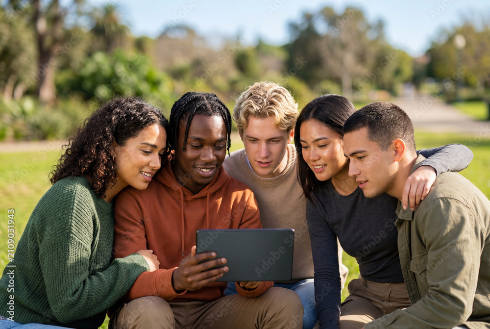 Obraz premium Diverse group of happy young friends looking at digital tablet in park