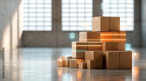 Stack of Cardboard Boxes in a Warehouse with Digital Overlay.
