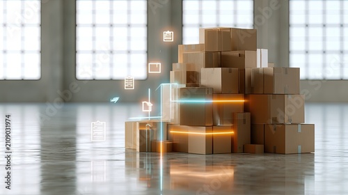 Stack of Cardboard Boxes with Digital Data Flow in Warehouse.