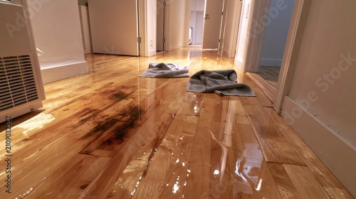 Water damage on a wooden floor in a hallway.
