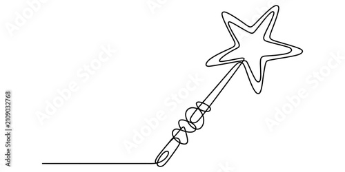 Continuous single line drawing of a magic wand with a star shape on top