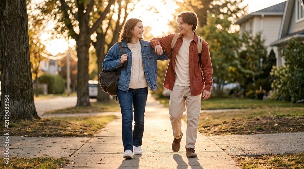 Fototapeta premium Young people walk together on a sunny day enjoying time in a neighborhood park