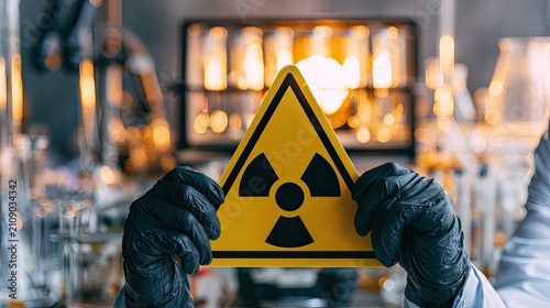 Scientist Holding Radioactive Symbol in Laboratory Setting.