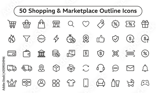 Shopping and Marketplace Outline Icons Set, Ecommerce UI Line Vector Collection for Mobile App, Website and Online Store