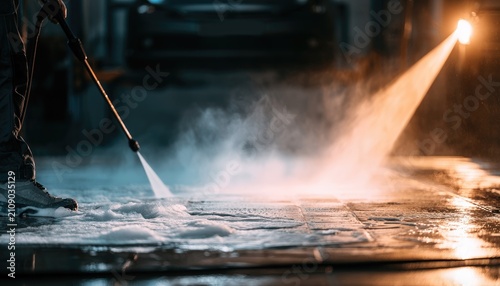 Close-up of a powerful pressure washer cleaning a dirty floor with a bright beam of light illuminating the scene.
