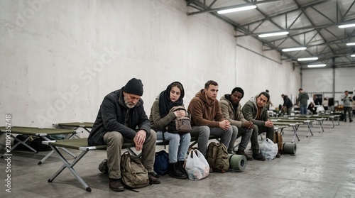 Tired refugees sitting on cots in temporary emergency shelter