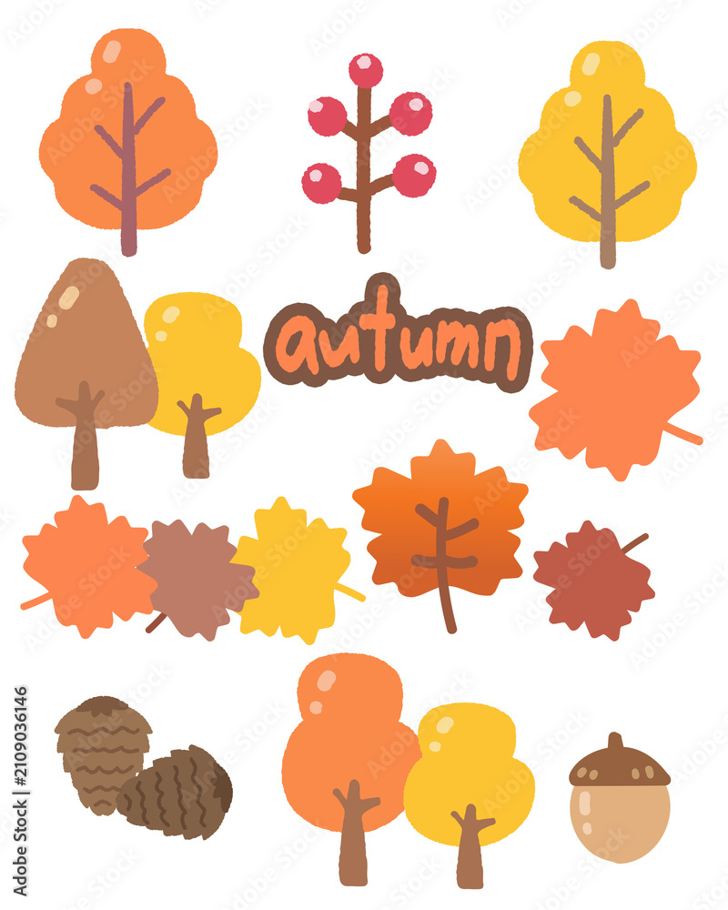 Obraz premium Cute Autumn Leaves and Trees Clipart Collection in Flat Style