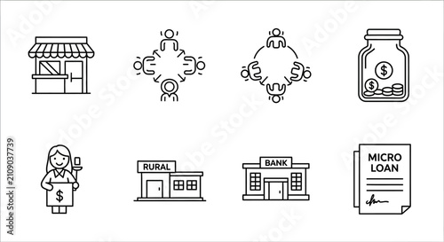 Microfinance Icons: Small Business, Banking, Loans, Investment, Teamwork
