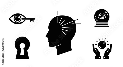 Mindfulness, Insight, and Vision Icons: Eye, Key, Head, Crystal Ball, Hands