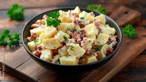 Classic potato salad with crispy bacon and herbs on a wooden board