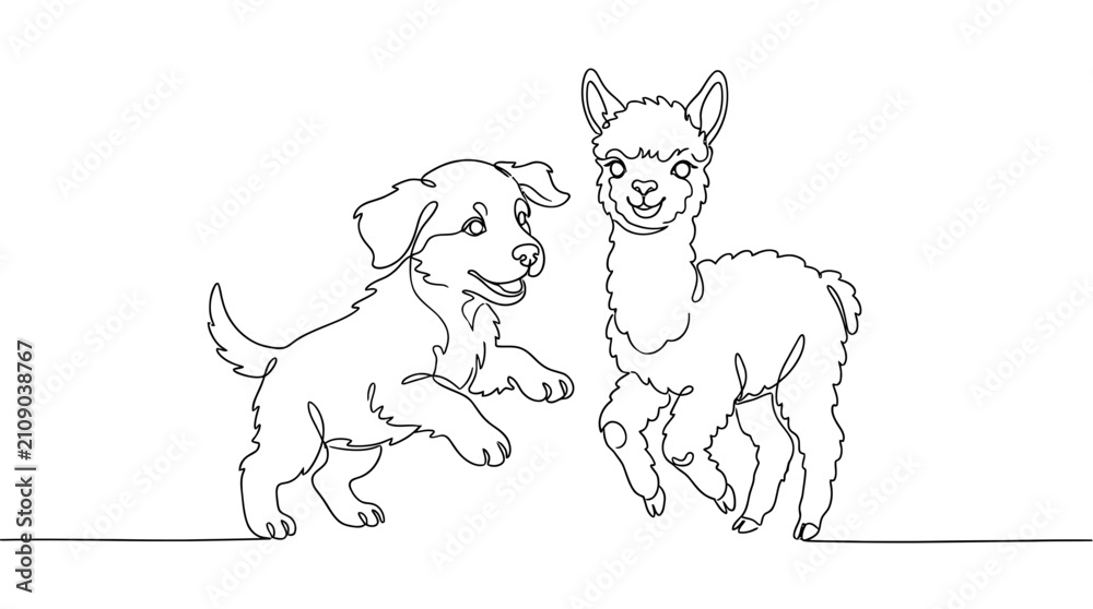 Fototapeta premium Single line art drawing of a puppy playing with a happy llama isolated on white background continuous illustration