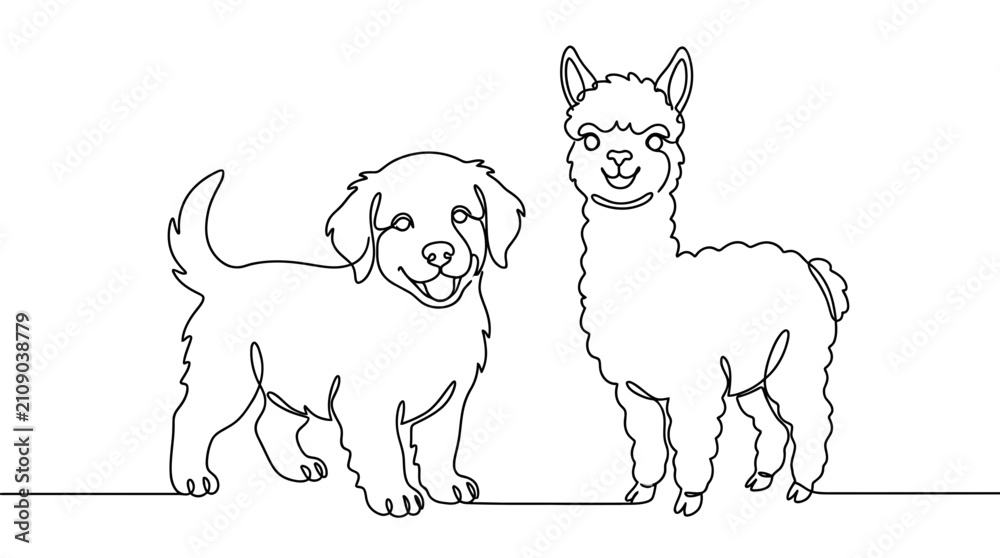 Fototapeta premium Continuous single line drawing of a cute puppy standing next to a smiling llama on white background with continuous