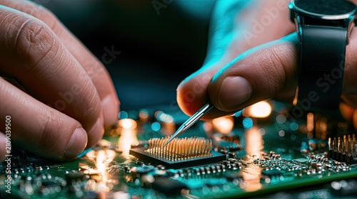 Close-up of hands installing a computer processor onto a motherboard.