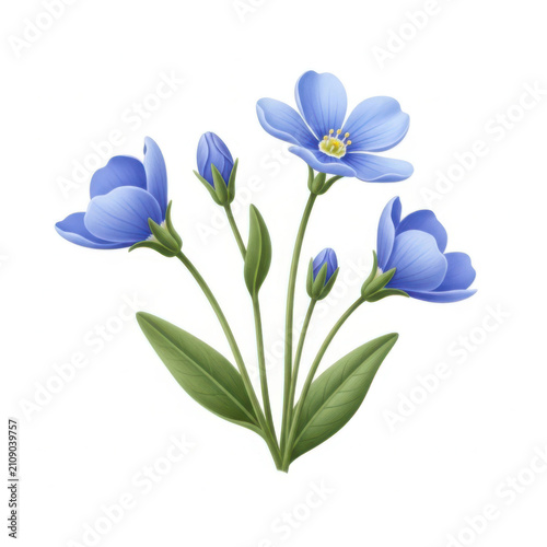 A beautiful digital illustration featuring vibrant blue flax flowers isolated against a clean white background