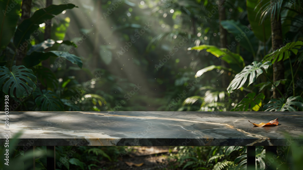 Fototapeta premium A stone platform surface in a sunlit tropical rainforest background