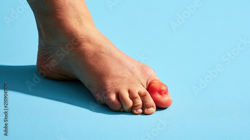 Close-up of a Human Foot with Red Toes on a Blue Background.