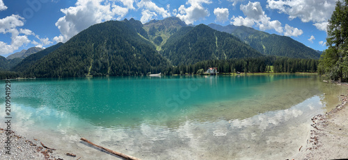 Obraz na płótnie Panoramic view of Lake Anterselva (Antholzer See) in South Tyrol, Italy, with cr