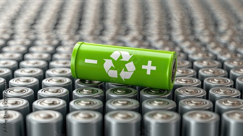 Green Battery with Recycling Symbol Surrounded by Many Batteries.