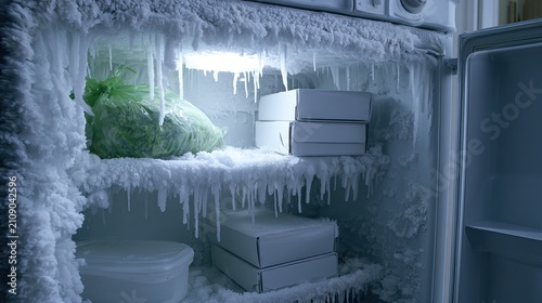 Inside of a heavily frosted and frozen refrigerator with food items visible.