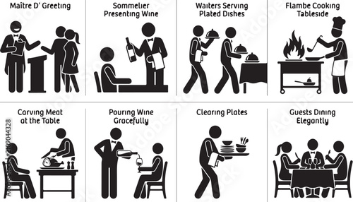 Obraz na płótnie Fine dining service set featuring waiters, sommelier, and guests in a restaurant