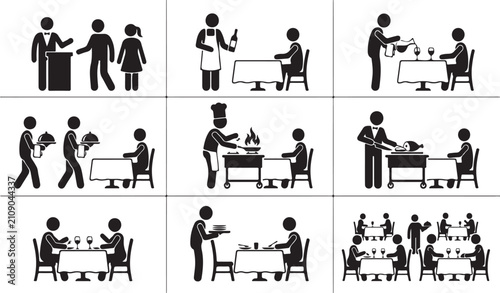 Restaurant service and dining experience showing waiters, chefs, and guests in a fine dining setting on white background