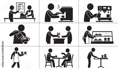 Coffee shop and barista service set showing coffee machines, brewing, serving, and customers in a cafe environment on white