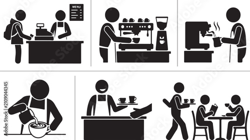 Coffee shop service and barista workflow featuring espresso machines, pouring latte and customers dining on white background