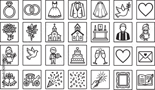 Wedding and marriage ceremony set featuring rings, dress, church, priest, cake, and celebration symbols on white background