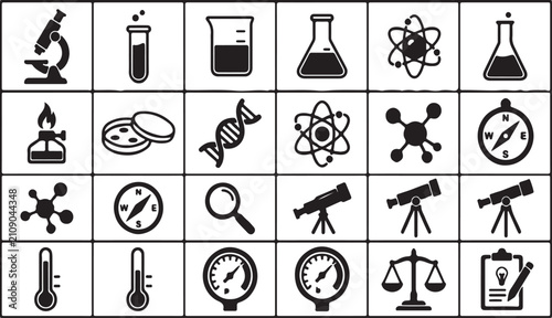 Science and laboratory equipment set featuring microscope, test tubes, beakers, atoms, compass, and telescope on white background