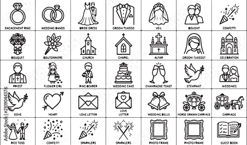 Wedding and marriage themed set featuring rings, bride, groom, church, cake, flowers, and celebration symbols in black and white style