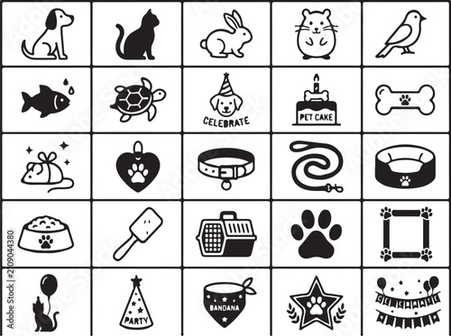 Collection of black and white pet featuring animals, accessories, toys, and celebration for veterinary or grooming services