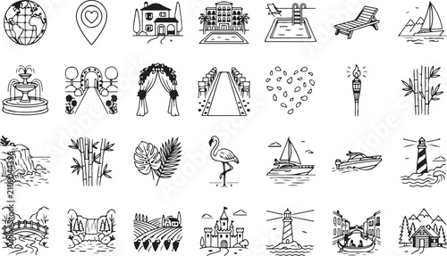 Travel and vacation set featuring landmarks, nature, tropical scenes, boats, lighthouses, and outdoor adventure symbols in black and white