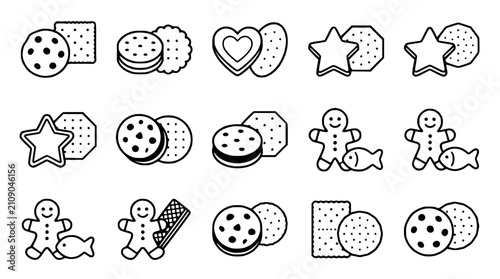Billede på lærred Assorted Cookie Icons: Gingerbread, Chocolate Chip, Star, Heart, Sandwich, Fish