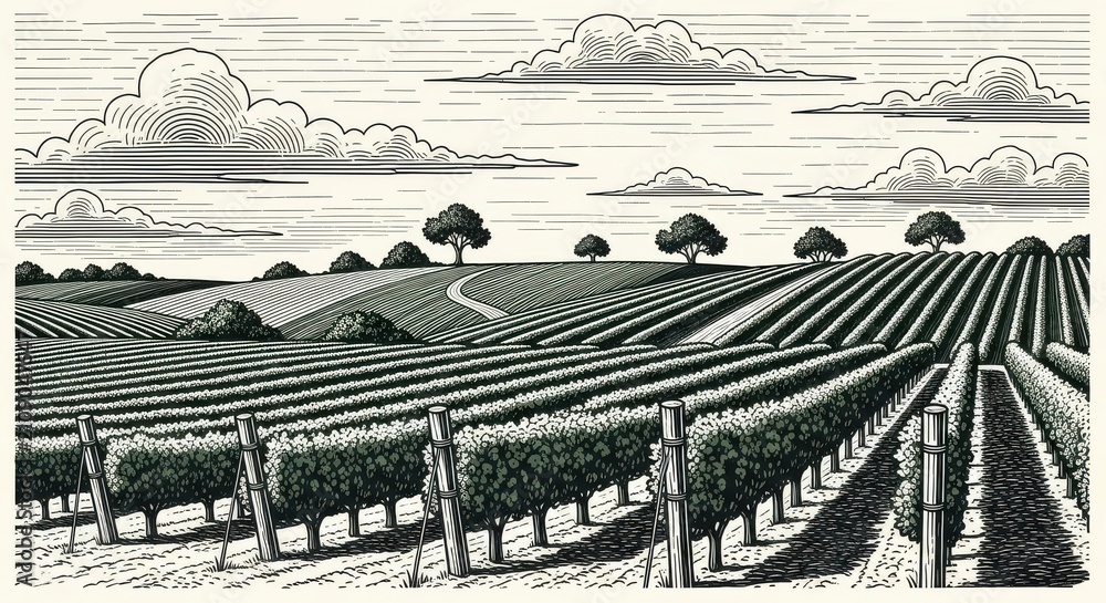 Obraz premium Vintage Engraving Style Vineyard Landscape with Rolling Hills and Grapevine Rows in Black and White
