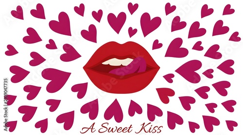 Bold Red Lips Saliva Tongue Kiss with Heart Shapes