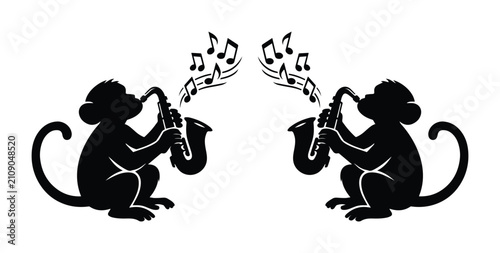Sticker Stylized black monkey silhouettes playing saxophone, jazz music animal illustrat