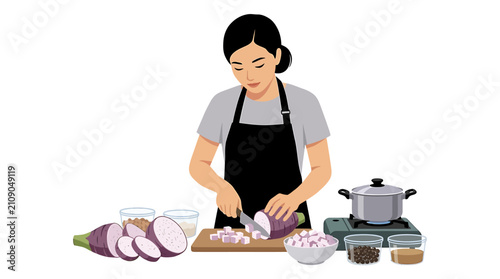 Фотография Asian Bubble Tea Maker Dicing Purple Taro Root