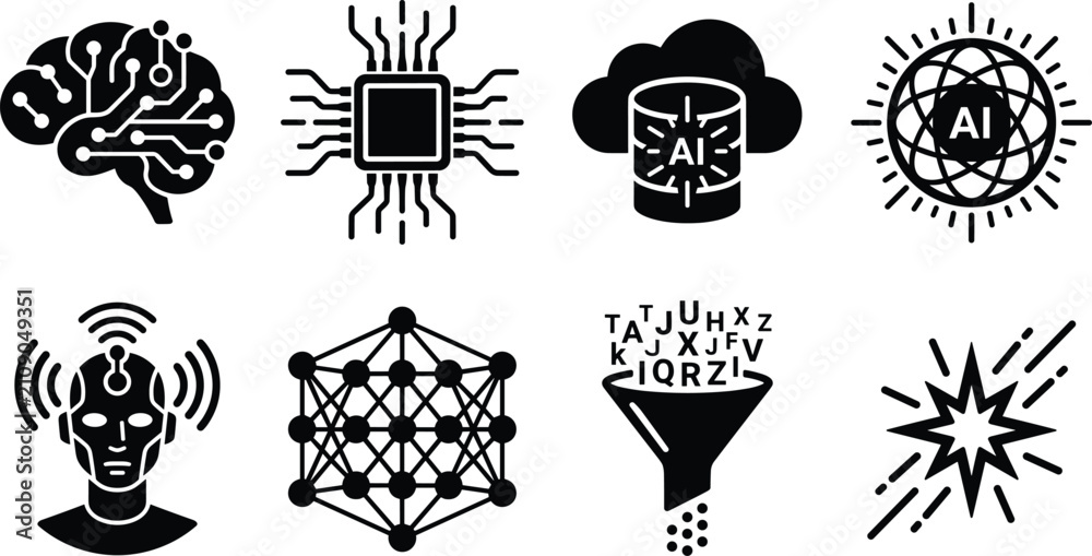 Fototapeta premium Artificial intelligence neural network and machine learning black vector icon set for tech innovation